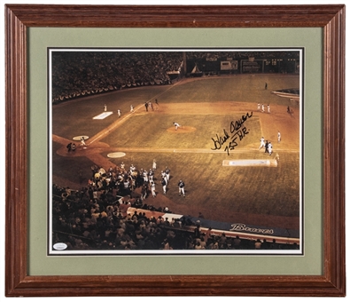 Hank Aaron Signed & Inscribed 25x21" Framed Lithograph of 755th Home Run (JSA)